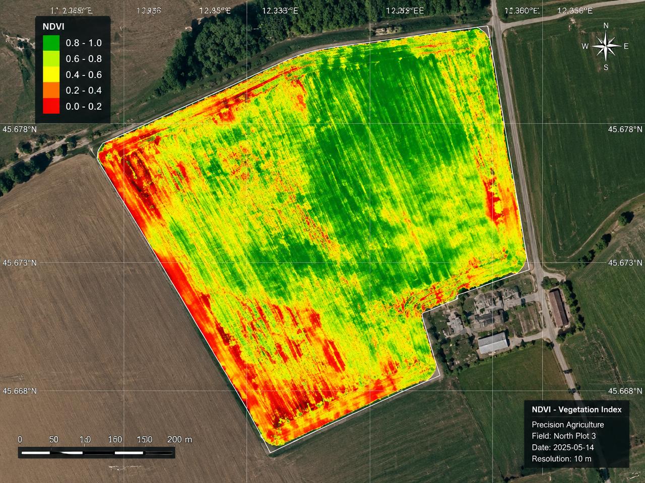 Mapa de índice de vegetación NDVI sobre un cultivo